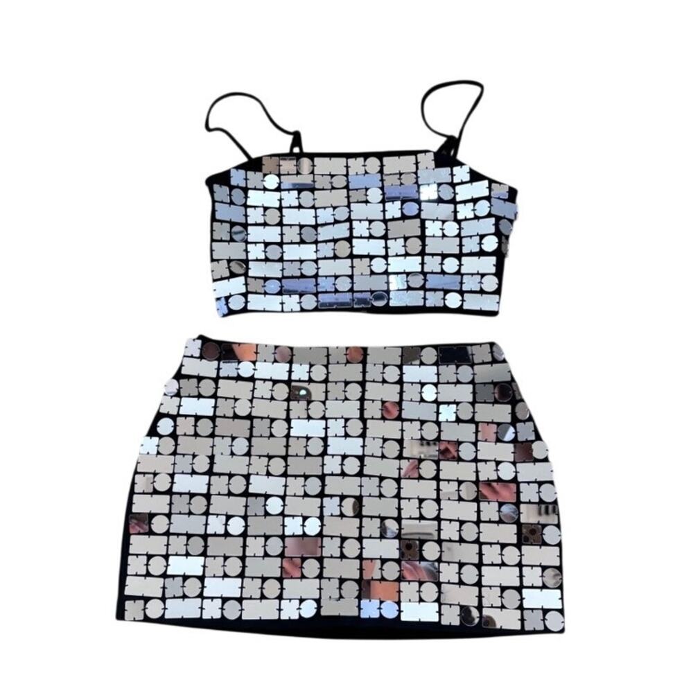 NWOT Forever 21 2 Piece Mirrored Cami Skirt Set Disco Y2K Party M